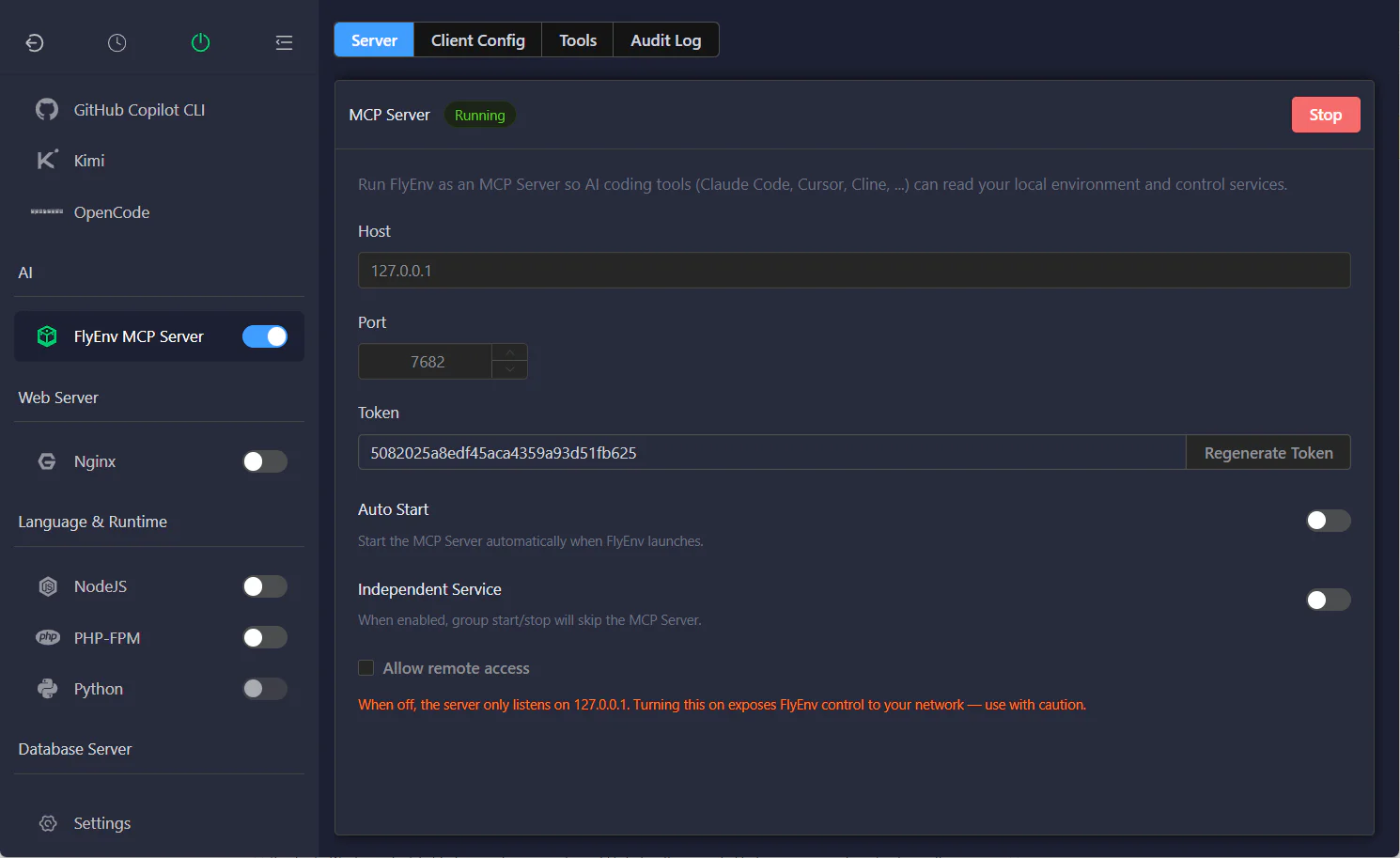 FlyEnv MCP Server settings screen
